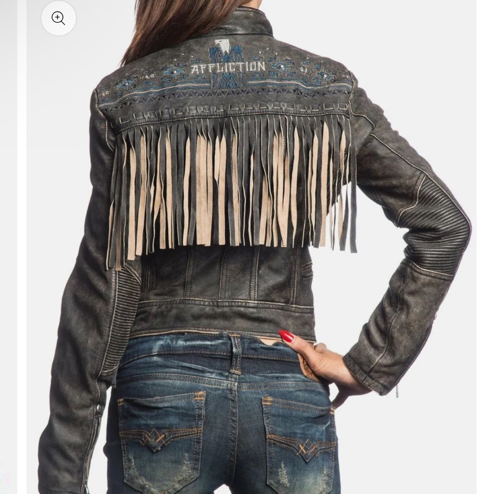 Affliction Black Leather Jacket with Fringe - Picture 2 of 5